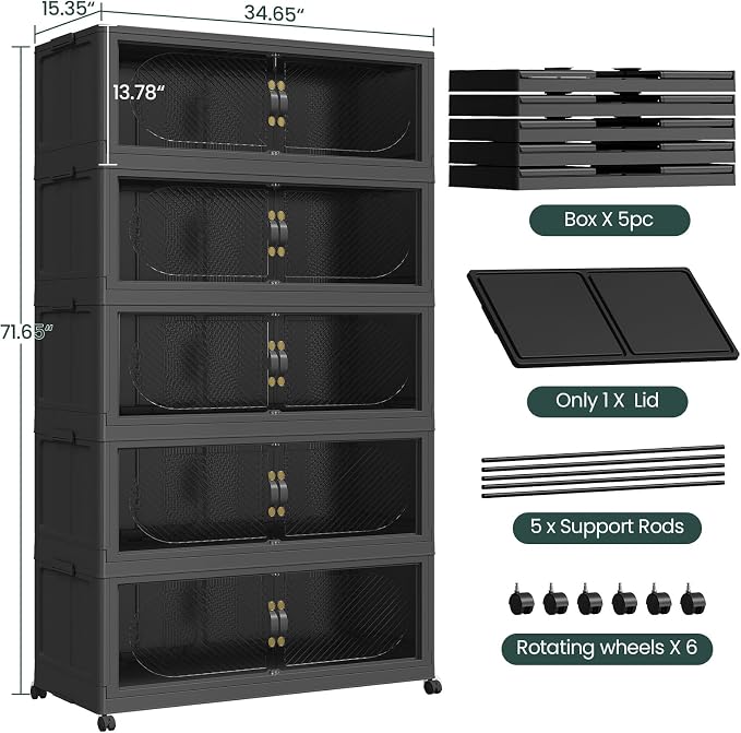 1200QT Extra Large Stackable Storage Bins with Lid, 300Gal Plastic Closet Organizers and Storage Drawer, Collapsible Cabinet Box with Wheels Clear Doors for Home Kitchen Garage, 5Pack Black