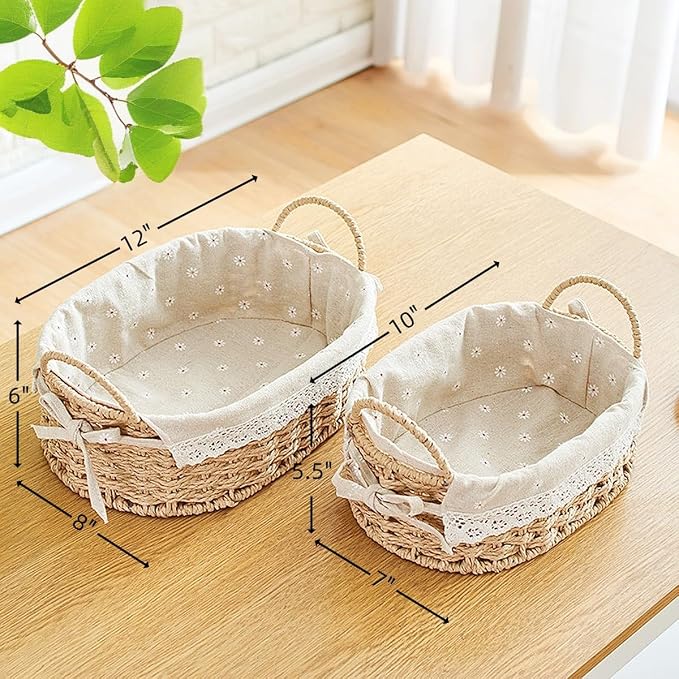 GIB Small Wicker Storage Baskets for Organizing, Decorative Woven Baskets with Handles & Liners, Boho Paper Rope Cute Baskets for Gifts, Decor, Pantry Table, Serving Trays, Set of 2