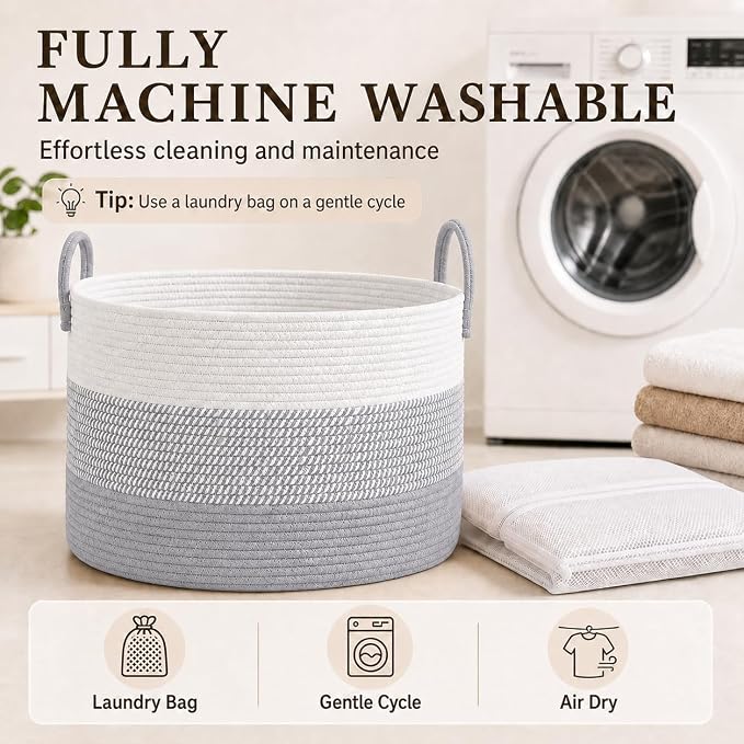 JMvicyroam 115L Extra Large Machine Washable Cotton Rope Blanket Basket | Collapsible laundry hamper, Reinforced handles, For blankets,pillows,toys and clothes, Living room and bedroom,White&Grey Mix