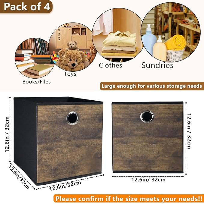 4 Pack Durable Storage Cube Bin with Decorative Wood Grain,Stylish Thickened Fabric Cube Box,Space-saving Storage Basket for Shelves,Closet,Office,Bedroom,Living Room,Nursery,Dorm,RV,13x13x13in(Large)