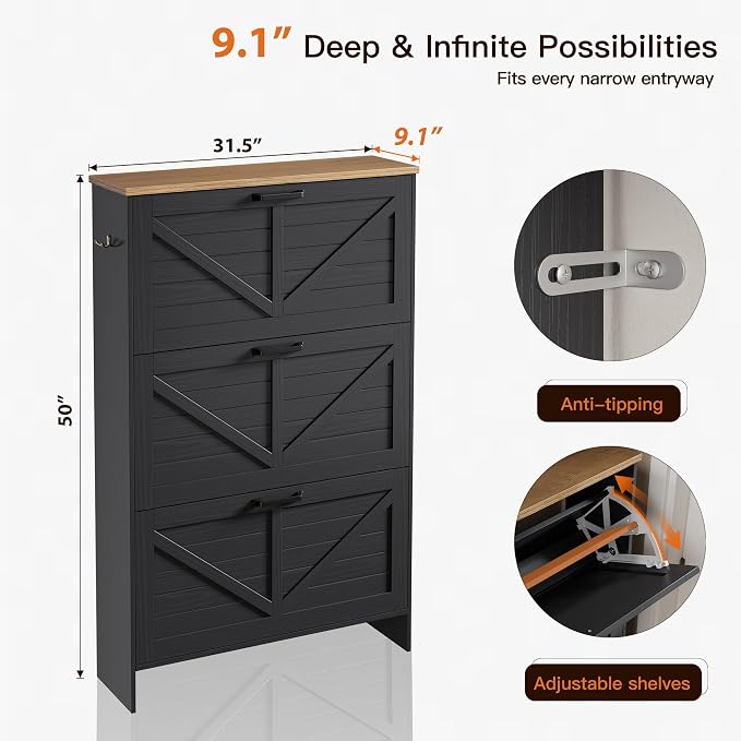 Nicetree Shoe Storage Cabinet for Entryway, 9.1" Ultra Slim 3-Drawer Flip Shoe Cabinet, Modern Black Farmhouse Hidden Shoe Organizer, Narrow Shoe Rack for Small Spaces