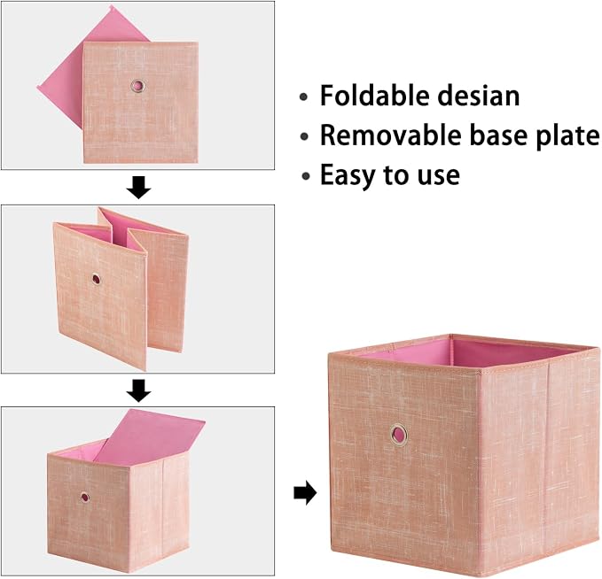 Foldable Storage Cubes Bins ,11 Inch Cloth Storage Cube Fabric Storage Box Cubes Organizer Baskets with Handles for Home Organizer Set of 3 (Cowboy Pink)