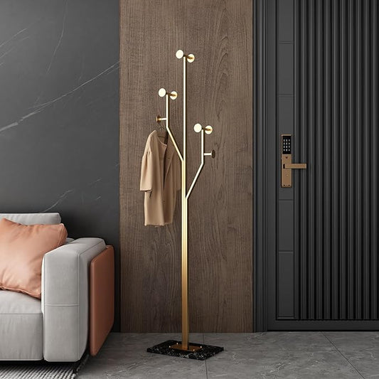 JIAYUEJU Freestanding Coat Rack Coat tree for Entryway Bedroom (Gold) | Tree-shaped, Easy Assembly, Space Saver, Heavy Duty, Metal Frame, Marble Base, 8 Hooks, Living Room, Office, Corner