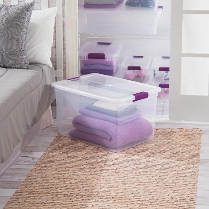 Sterilite 66 Qt ClearView Latch Storage Box, Stackable Bin with Latching Lid, Organize Clothes, Blankets, Items in Closet, Clear Base and Lid, 12-Pack | Clear Plastic Organizers with Color Accent Latches for Closet, Bedroom, Shelving Units, Dorm Room a...