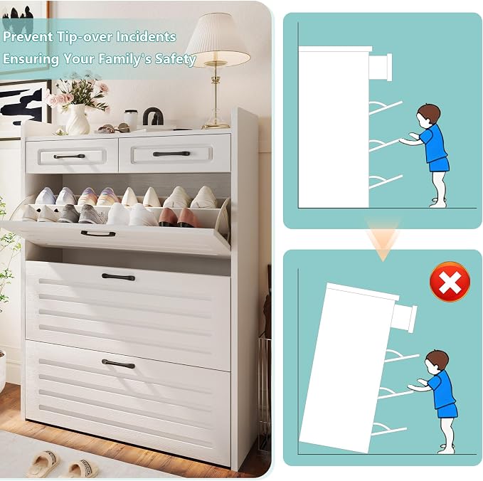 ODUWA Shoe Cabinet with 3 Flip Drawers and 2 Storage Drawers, Shoes Organizer Cabinets with Adjustable Divider, Hidden Shoe Storage Cabinet for Entryway, Hallway, Living Room, White