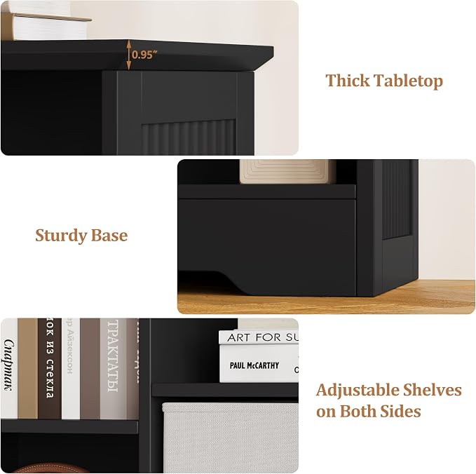 8 Cube Storage Organizer Shelf, Wood Cubby Storage with 4 Fabric Drawers | 2 Tier Wooden Bookshelf with 2 Adjustable Shelves, Fluted Side Panels Bookcase for Bedroom, Living Room, Home Office, Black