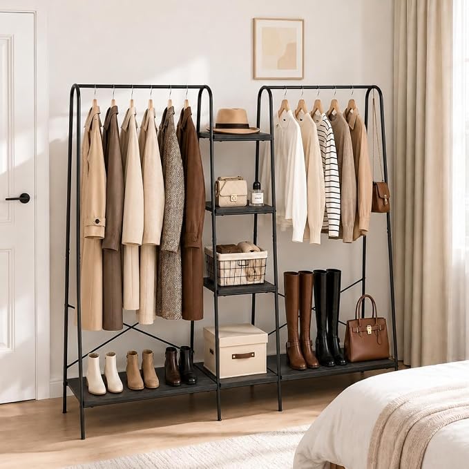 Finnhomy Clothes Rack for Hanging Clothes Freestanding Clothing Rack with 6 Wood Storage Shelves & 2 Rods Heavy Duty Garment Rack Portable Wardrobe Closet Organizer for Bedroom Closet Boutique,Black
