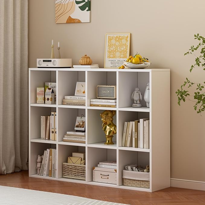 OSCHF 12-Cube Storage Shelf Bookcase, Warm White | Wooden 3-Tier Open Bookshelf, Fits 11×11" Bins, Vertical or Horizontal Use, Full Back Panels, For Home Office