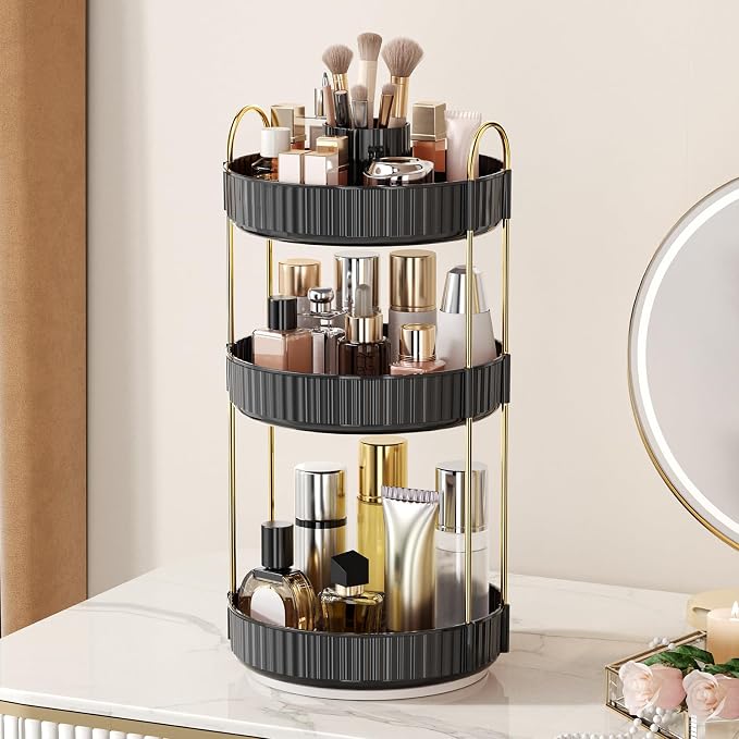 360° Rotating Makeup Organizer, Upgraded 3 Tier Skincare Perfume Organizers for Women, Bathroom Organizer Countertop, Clear Cosmetic Dresser Organizer with Makeup Brush Holder, Sink&Counter(Black)