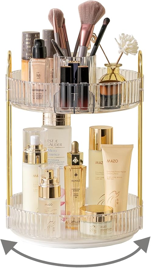 Asayuee 360 Rotating Makeup Organizer,2 Tier Large Capacity Make Up Organizers and Storage,Skincare Perfume Vanity Organizers,Bathroom Cosmetics Storage Organizer Countertop(Clear)