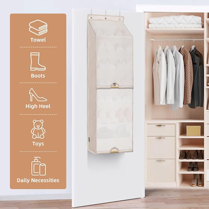 STORAGE MANIAC Over the Door Shoe Organizer with Curtain Dustproof Heavy-Duty Large Deep Pocket Hanging Shoe Organizer for Closet Dorm & Narrow Door Storage Shoe Holder Shoe Rack, 7-Shelf Beige 1 Pack