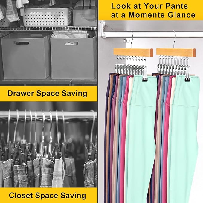 Legging Organizer for Closet, Pants Hangers with Clips | Holds 20 Leggings, Jeans, Hats, Shorts, Socks, 360° Rotating Space Saving Hanging Clothes Organizer and Storage 2Pcs