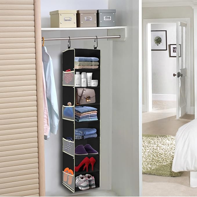 2 Pack Large-Sized Hanging Shoe Organizer 8-Shelf, Hanging Closet Organizer with 8 Side Pockets, Wider Hanging Shelves for Storage Shoes Clothes 9" W × 11.8" D× 48" H, Black.