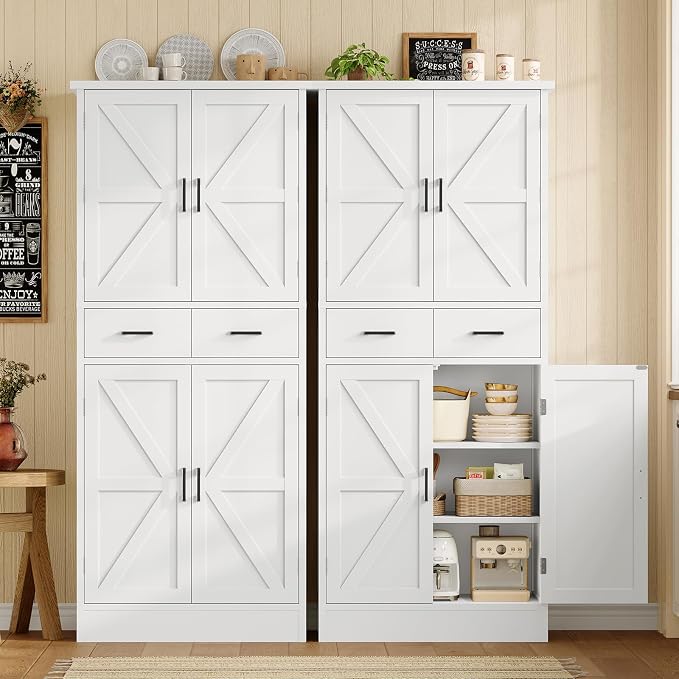 TEENFON Farmhouse Pantry Cabinet, 66.9″H Tall Kitchen Storage Cabinet with Barn Doors, Adjustable Shelves & Drawer, Freestanding Cupboard for Kitchen, Dining Room, Living Room, Bathroom, White