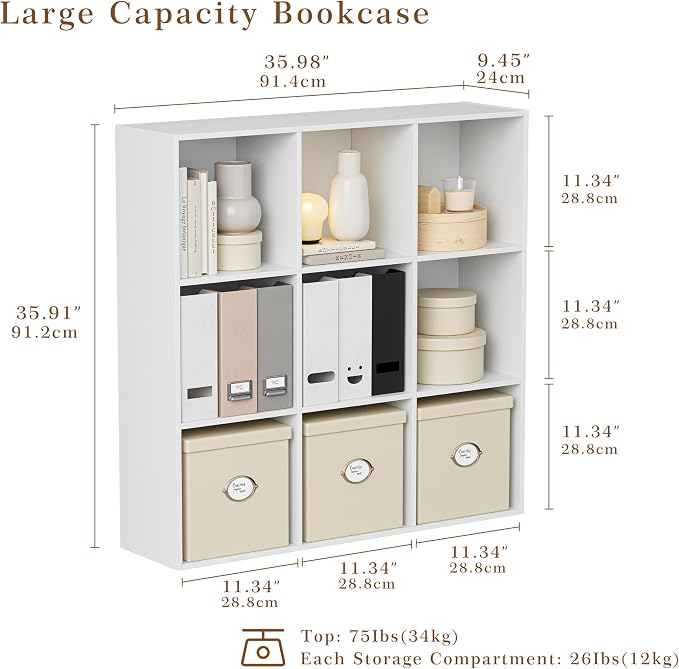VDNEND Wooden Storage Organizer with Closed Back Panel, 11in Cube Shelf Opening, Bookshelf, Display Shelf,Closet Cabinet for Home and Office (Embossed White, 9-Cube 35.98L*9.45W*35.91H)