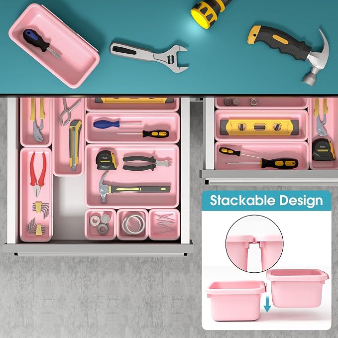 10 PCS Drawer Organizer Set, 4 Size Makeup Drawer Divider Organizer With Non-Slip Pads, Interlocking Plastic Storage Bins for Office,Jewelry Vanity,Gadgets, Bathroom,Kitchen, Pink