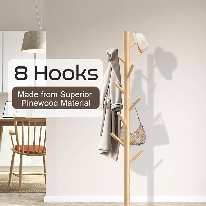 Aliphon Wooden Coat Rack Stand, Freestanding Coat Rack with 8 Hooks, 3 Adjustable Size Coat Tree for Hats, Coats, Scarves bags, Coat Hanger Stand Used in Bedroom/Office/Entryway (Natural)