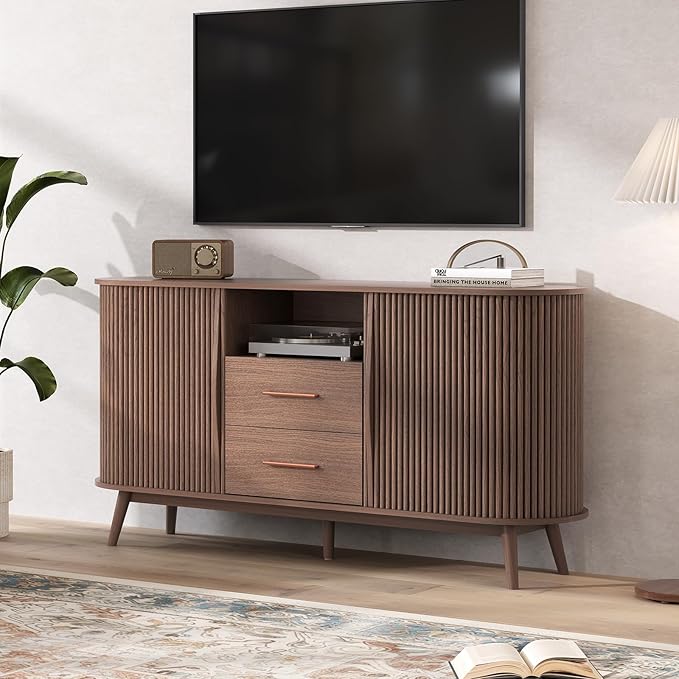JOINICE Walnut Sideboard Buffet Cabinet with Storage for Dining Room，63" | Mid-Century Modern Storage Cabinet,2 Drawers&Fluted Sliding Doors,Solid Wood Legs,adjustable shelf,supports up to 100 lbs