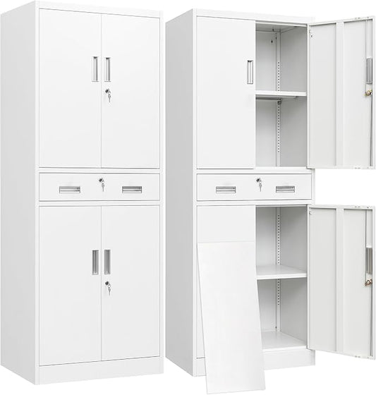 BESFUR Metal Storage Cabinet with a Drawer 4 Doors and 2 Adjustable Shelves Garage Storage Cabinet with Lock 71" Office Storage Cabinets Locking Cabinets for Garage Office Shop Home (White)