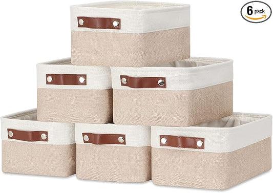 DULLEMELO Small Storage Bins, Storage Baskets for Organizing, Collapsible Rectangular Fabric Baskets for Shelves, Closets, Nursery, Home, Office, Empty Gift Baskets (6-Pack, White&Khaki)