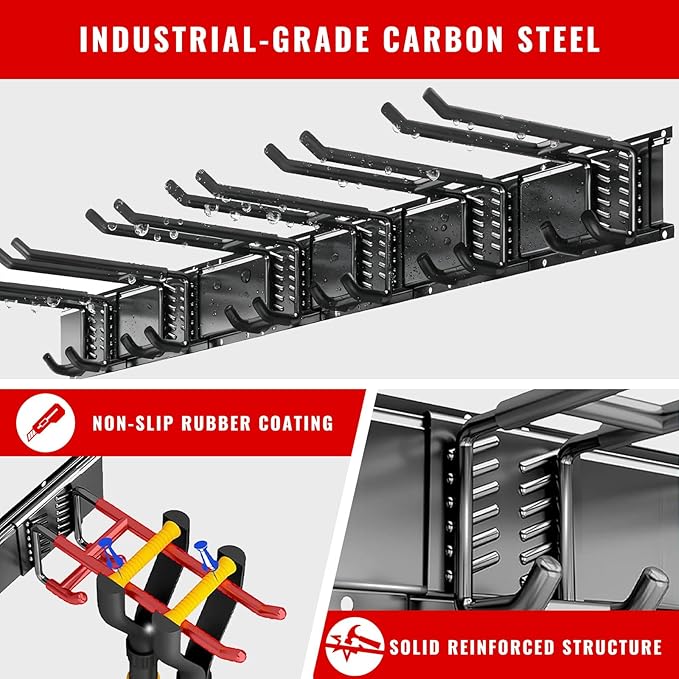 Garage Tool Organizer Wall Mount, Easy to 64inch Install Heavy-Duty Garage Storage System with 11 Adjustable Hooks, Garden Tool Rack for Shovels, Rakes, Yard Tools