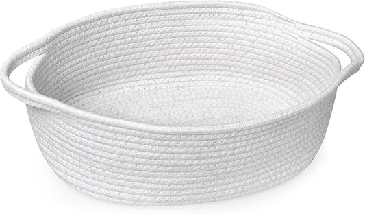 MEGASKET White Small Woven Basket, 13” x 9” x 5” Baskets for Gifts Empty Cotton Rope, Cute Nursery Baby Storage Organizer, Wicker Cat Toy Bin Box with Handles, Empty Gift Boo Basket