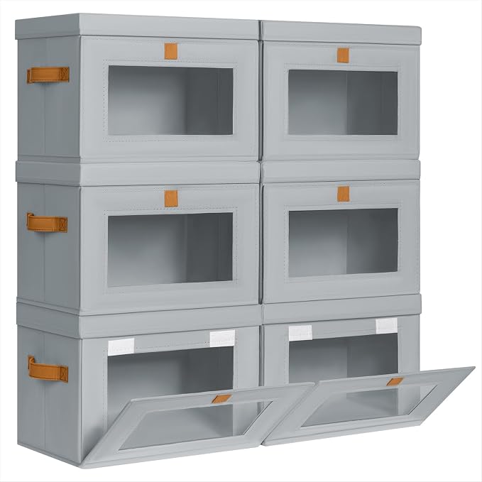 Homsorout Medium Fabric Storage bins - Collapsible Storage Bins with Open Window, 6 Pack Closet Baskets for Shelves, Stackable Decorative Boxes for Home, Dorm, Grey, 13.7"x 9.8" x 9.8"