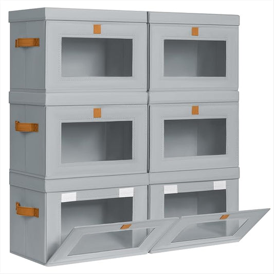 Homsorout Medium Fabric Storage bins - Collapsible Storage Bins with Open Window, 6 Pack Closet Baskets for Shelves, Stackable Decorative Boxes for Home, Dorm, Grey, 13.7"x 9.8" x 9.8"