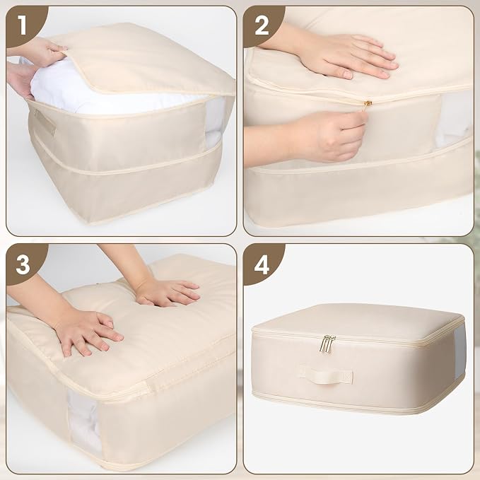 2 Pack Comforter Storage Bag, 136L Blanket Storage Bags Self Compression Comforter Organizer and Storages, Space Saving Washable Compression Bags for Blanket Bedding Pillow Duvet Quilt, Beige