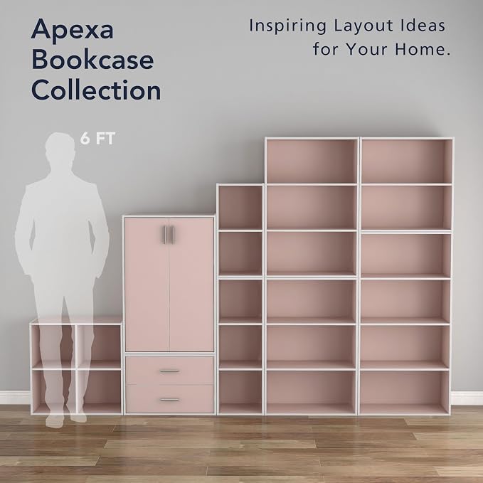 Homes: Inside + Out Apexa 2-Cube Storage Organizer Shelves, Stackable Wood Bookcase Fits Cubby Bins for Organization, Dorm Teen Room Decor & Home Office, Light Pink