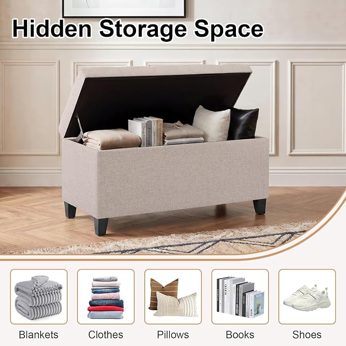 Storage Ottoman Bench, 33" Upholstered Tufted Linen Fabric Footrest Stool with Lift Top, Rectangular Storage Chest for End of Bed, Entryway, Living Room, Beige