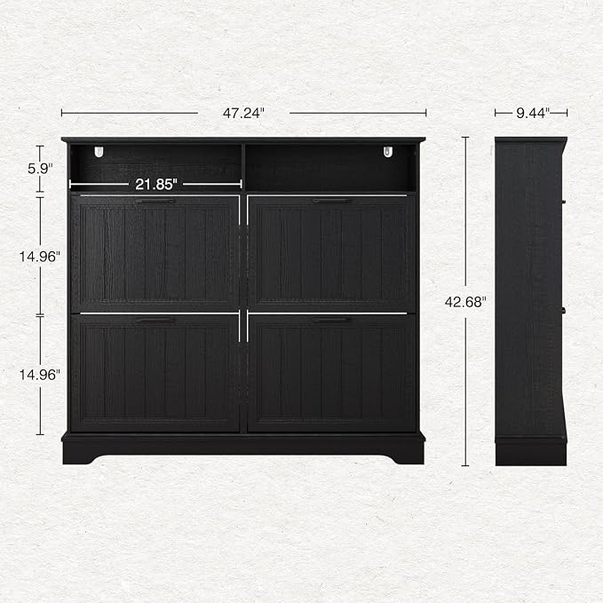 Hidden Shoe Storage Cabinet with 4 Flip Drawers & Open Storage | Farmhouse Modern Shoes Rack Cabinet,Adjustable Shelves ,Narrow Slim Shoe Organizer for Front Door Entrance, Entryway, Black