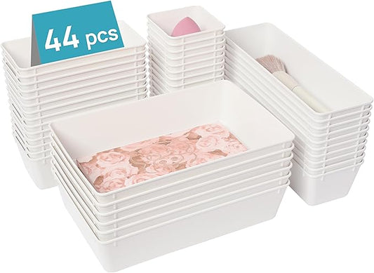 Vtopmart 44 PCS Plastic Drawer Organizer Set, Vanity Organizer Trays, White | 4-Size Versatile Makeup Organizer, Non-Slip Storage Containers for Makeup, Jewelries, Bedroom，Kitchen Utensils and Office