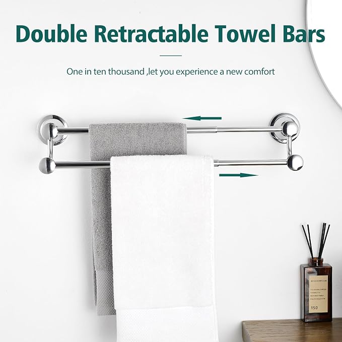Hoimpro Double Towel Bar Towel Rack for Bathroom Wall Mounted Chrome | Adjustable 16-26 In,Wall Mounted Towel Holder, Stainless Steel, Rustproof, Towel Bar Rod Hanger Hardware Accessories Hotel