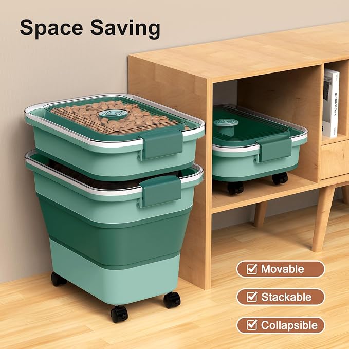 Dog Food Storage Container, 15-23 Lbs Collapsible Dog Food Container with Transparent Airtight Lid, Wheels and Scoop, Travel Pet Food Storage Container for Cat, Dog and Bird, Keep Dry Food Fresh