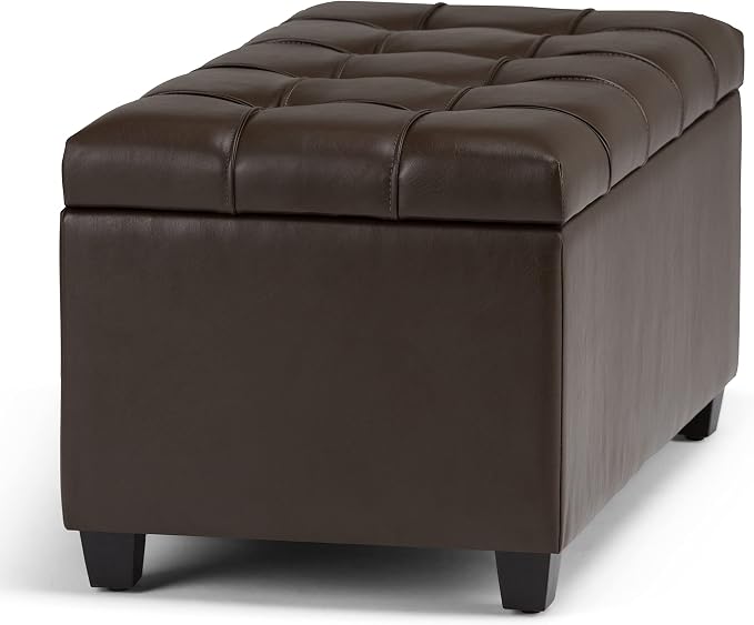 SIMPLIHOME Shiloh 48" Wide Vegan Leather Rectangle Ottoman in Saddle Brown | Transitional ottoman with tufting and lift-up lid; rectangle storage bench for living room or entryway.