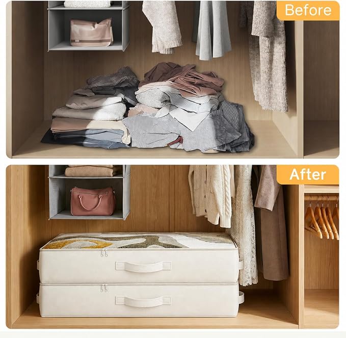 TidyCorner 2-Pack Under Bed Storage Containers, 4.5 Inches Tall Low Profile Underbed Clothes Storage Organizer Bin with Sturdy Sidewalls/Bottom, Underbed Storage Bins, Beige