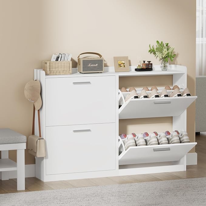 Modern Shoe Cabinet Organizer with 4 Flip Drawers, 47.2" W White | Freestanding shoe storage cabinet for entryway,foyer and hallway, space-saving flip drawers,Adjustable Shelves & 2 Hooks