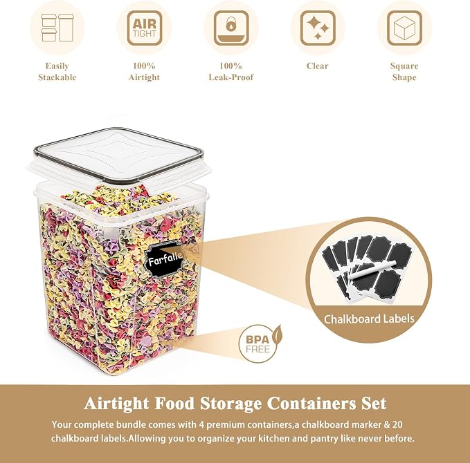 Wildone Flour Storage Containers 5.2L, 4 PCS Food Storage Containers, Black | For Bulk Flour and Sugar Storage, Airtight Seal, BPA Free, Food Grade Material, 20 Labels Included