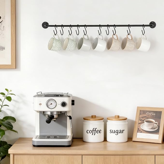 Mkono Wall Mounted Mug Holder, Coffee Cup Hanger Rack with 10 Hooks, 1 Pack | Kitchen Rod, Space Saving, Easy Assembly, Wall & Under Cabinet, Durable Metal, Kitchen Dining Bar Organizer, Multi-Function