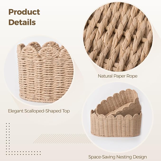 2 Pcs Woven Storage Baskets, Handwoven Basket with Scalloped Edge, Decorative Organizer for Home, Kitchen, and Desktop, Large 15.99 x 9.75 x 7.02 in, Small 13.65 x 7.8 x 6.05 in