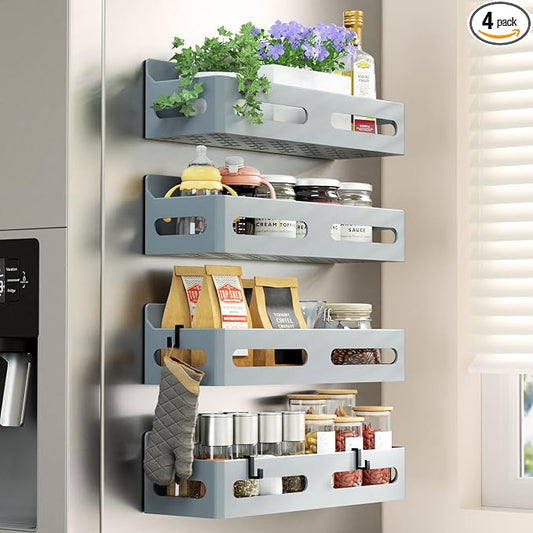 Sevenblue 4-Pack Magnetic Spice Rack for Refrigerator with Hooks, Grey | Strong multipurpose magnetic shelf for kitchen & bathroom organization. Includes 4 removable hooks for hanging items.