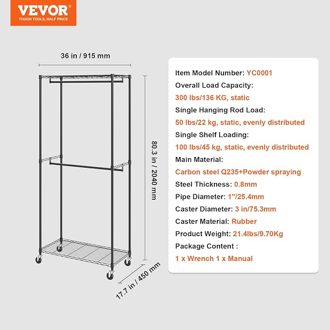 VEVOR Clothing Garment Rack, Heavy Duty Closet Wardrobe, Adjustable Tiers Clothes Racks with Steel Frame, for Bedroom, Clothing Store, Hallway