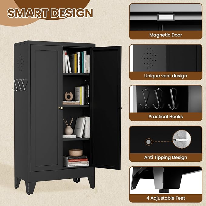 Metal Pantry Cabinet, 47" Kitchen Pantry Cabinet with 2 Doors and 3 Adjustable Shelves, Black Steel Storage Cupboard for Dining, Office, Living Room, Bathroom