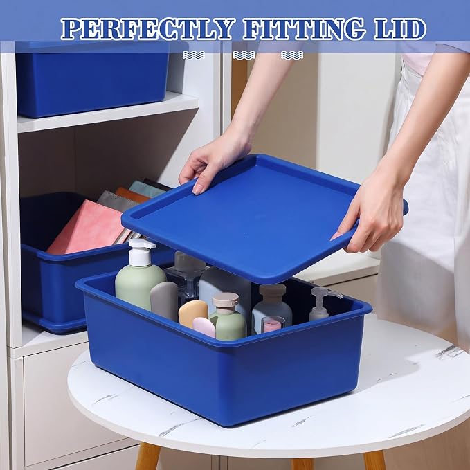4 Pcs Storage Bins with Lids Plastic Stackable Containers for Classroom Room Organizing Shelves Christmas Ornament Box Baskets(Dark Blue, Light Blue,Large)