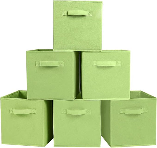 PowerKing Collapsible Storage Cubes, Farbic Storage Bins, Green, 6 Pack | Sturdy, Lightweight, Easy Pull Handle, Closet & Shelf Organizer, Clothes and Toys Storage, 10.5'' x 11'' x 10.5''