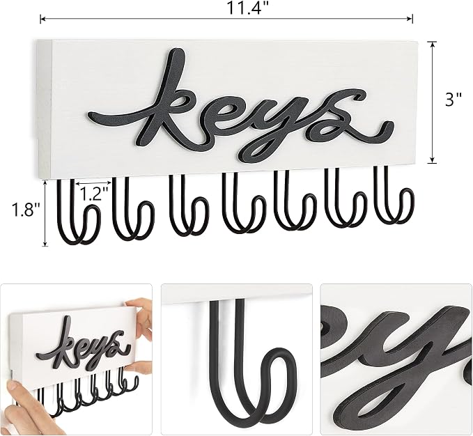 Mkono Key Holder Wall Mounted with 7 Hooks, Wood Key Hanger Home Decor | Decorative Key Hook, Easy Install, Storage Car Key Dog Leashes Sunglasses, Easy-To-Find, Entryway Mudroom Hallway Office Door