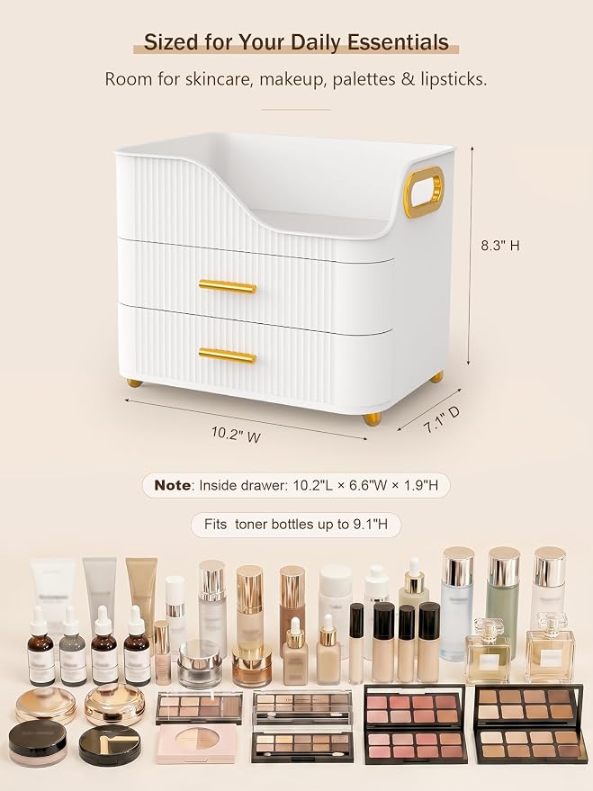 Booklov Large Makeup Organizer for Vanity, Bathroom Countertop, White | Plastic Cosmetic Display Case with Drawers, Beauty Brush Holder for Dresser Counter Skincare Eyeshadow Lipstick Storage