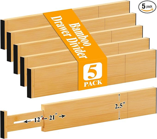 Bamboo Drawer Dividers, 12-21 Inch Kitchen Adjustable Drawer Organizers | Expandable Dresser Separators for Clothes, Ideal for Kitchen, Bathroom, Vanity, Office Organization and Storage, 5-Pack