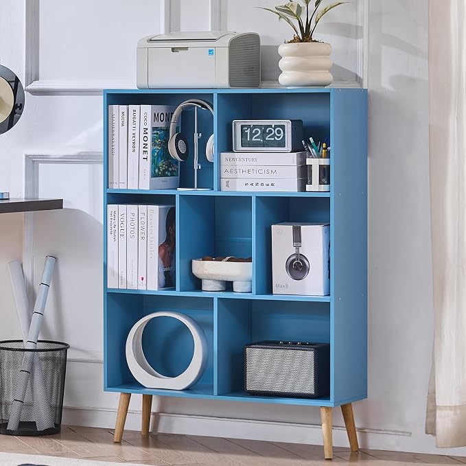 LEYAOYAO Cube Bookshelf, Mid-Century Modern Book Shelf with Legs, Blue | 3 Tier Bookcase, Rustic Wood Bookshelves Freestanding Small Storage Organizer, Open Shelves for Bedroom, Living Room, Office